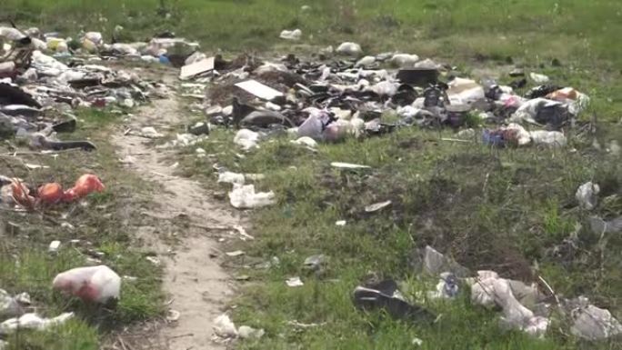元素倾倒在城市郊区附近的路边。垃圾沿着小路散落在绿草地上。塑料和其他废物对环境的污染