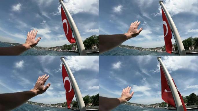 土耳其国旗在伊斯坦布尔船尾飘扬，图克里耶再见