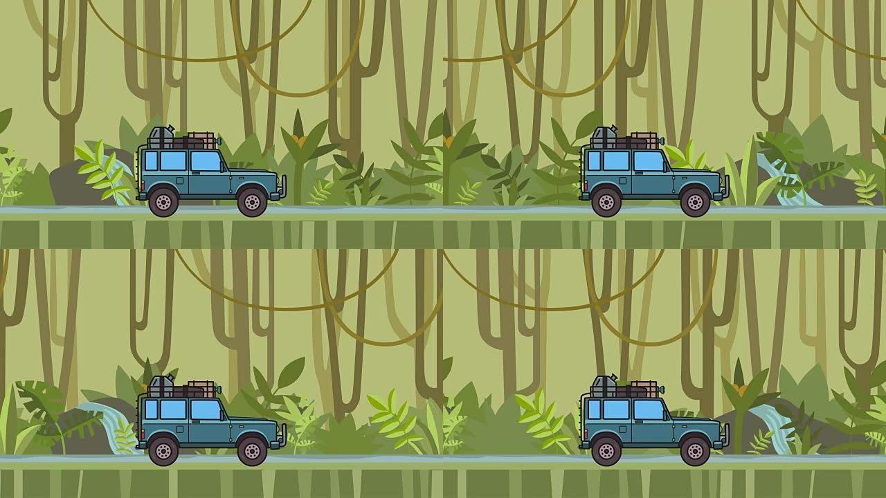 带行李箱的动画SUV汽车在车顶行李箱中穿越雨林。在丛林森林背景上移动越野车。平面动画。