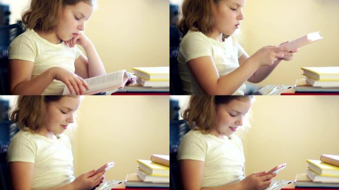 卷毛女孩合上书，高兴地拿起她的粉红色手机。社交网络中的交流。教育问题。网络成瘾