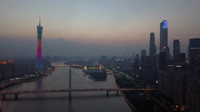 夜景照明广州市中心广州塔河大桥空中全景4k中国