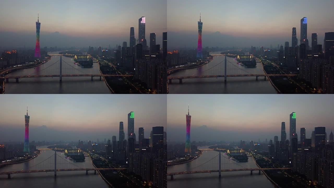 夜景照明广州市中心广州塔河大桥空中全景4k中国