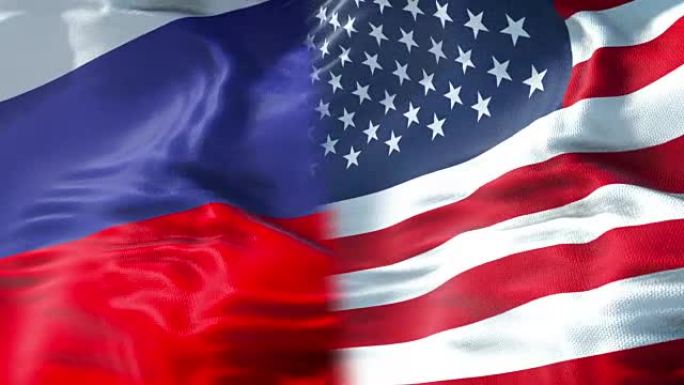 半旗美国和半旗俄罗斯，风浪运动，美国和俄罗斯联邦之间的危机国际会议或谈判概念