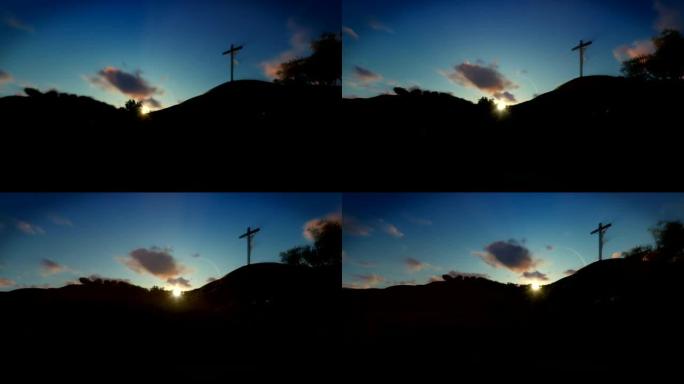 基督教妇女在耶稣十字架祈祷，日落，平移，4K