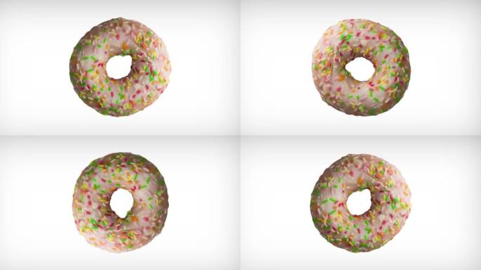 白色背景上洒满彩色甜甜圈的抽象动画。