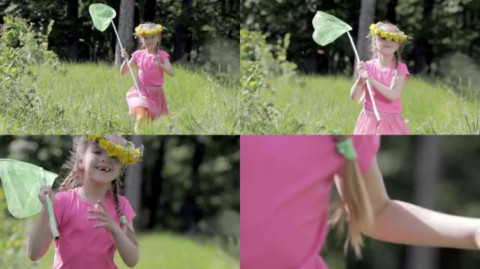 带着蝴蝶网穿过森林空地的孩子，在蒲公英花环的头上