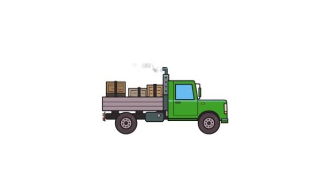 后备箱里有箱子的动画绿色卡车。移动重型汽车，侧视图。平面动画。孤立在白色背景上。