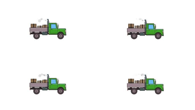 后备箱里有箱子的动画绿色卡车。移动重型汽车，侧视图。平面动画。孤立在白色背景上。