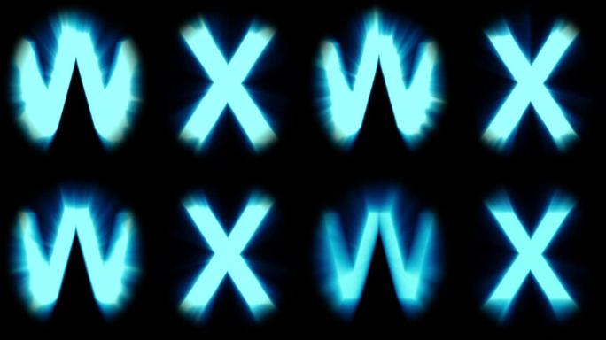 轻字母W和X-冷蓝光-强烈闪烁和强烈闪烁动画循环-隔离