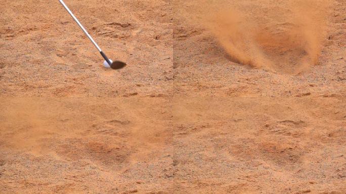 高尔夫球手在高尔夫球场打高尔夫球。慢动作运动员在沙坑上挥杆球。比赛的这张照片很难。