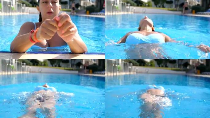 年轻漂亮的女孩在温暖阳光明媚的日子里在游泳池里放松。晒黑的女人在背上游泳。暑假或假期概念。前视图特写