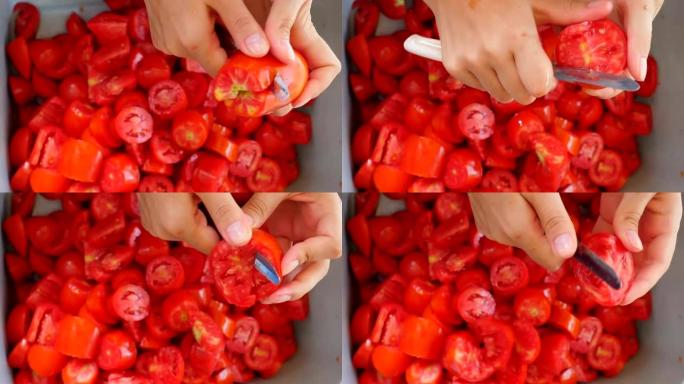 意大利南部自制番茄酱: 女人手切西红柿