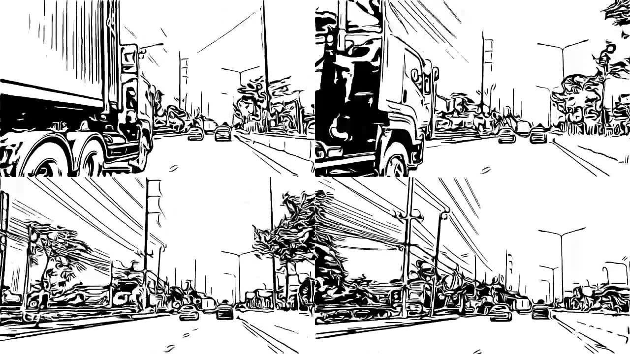 动画卡通素描，道路上的交通