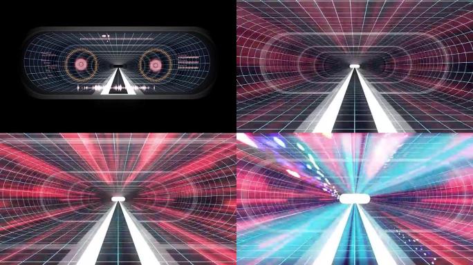 通过虚拟现实白色霓虹蓝格红光网络隧道平视显示器界面运动图形动画背景新质量复古未来复古风格酷漂亮视频脚