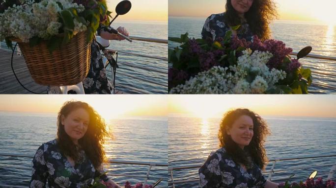 日出时，穿着复古自行车和装满紫丁香篮子的成年可爱女人。带着太阳耀斑微笑的高加索年轻女士的肖像。4k