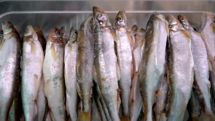 鱼市场柜台上大量冷冻冶炼鱼的特写镜头