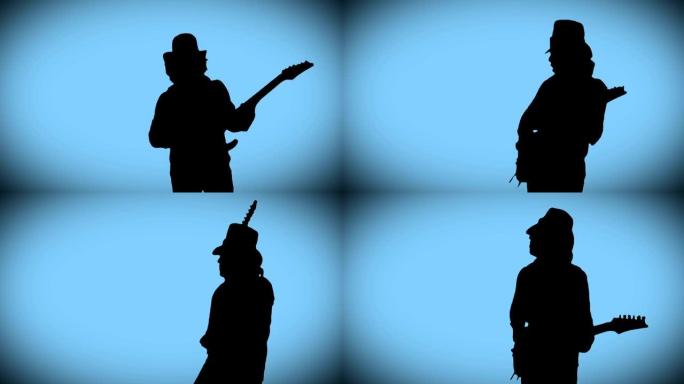 帽子里的酷摇滚吉他手在蓝色背景上演奏电吉他