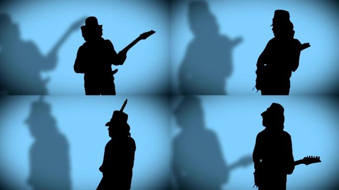 戴帽子的酷酷摇滚吉他手带着他的影子正在蓝色背景上弹奏电吉他