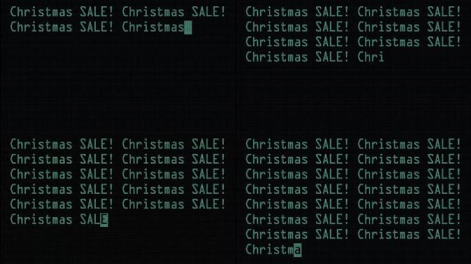 手工打字圣诞销售2字写上绿色旧发光二极管液晶管电脑显示屏特写像素动画-新质量复古复古未来派措辞排版视