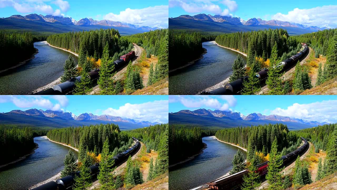 秋天在加拿大落基山脉的铁路