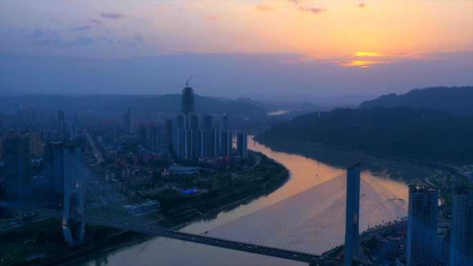 航拍延时傍晚黄昏夕阳城市 大桥大江大河