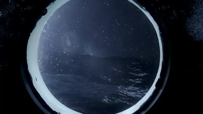 在暴风雨的海洋中，通过潜艇的舷窗观看暴风雨