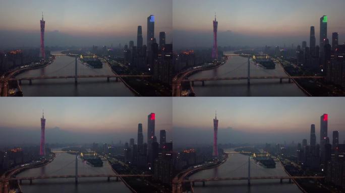 夜景照明广州市中心广州塔河大桥空中全景4k中国