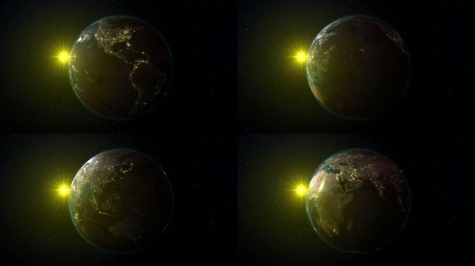 现实的地球，在星空和太阳的背景下在太空中旋转 (循环)