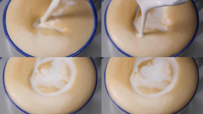 将牛奶倒入加咖啡的杯子中。