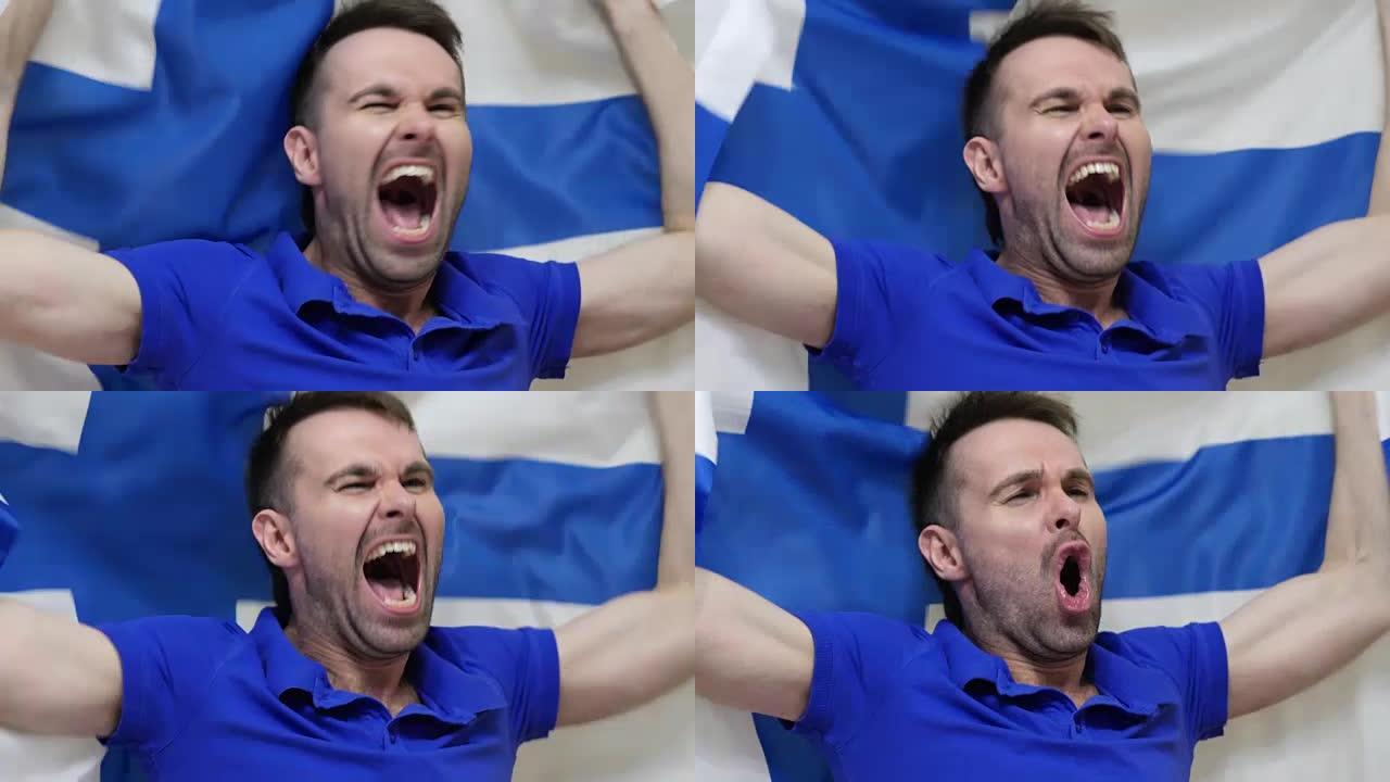 芬兰球迷在慢动作中举着芬兰国旗庆祝，4k，高品质