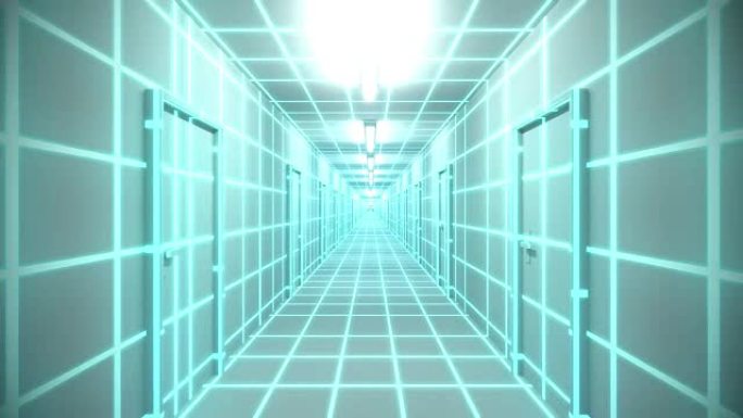 无尽的白色走廊门霓虹灯80年代拱廊辉光循环线框矩阵4K