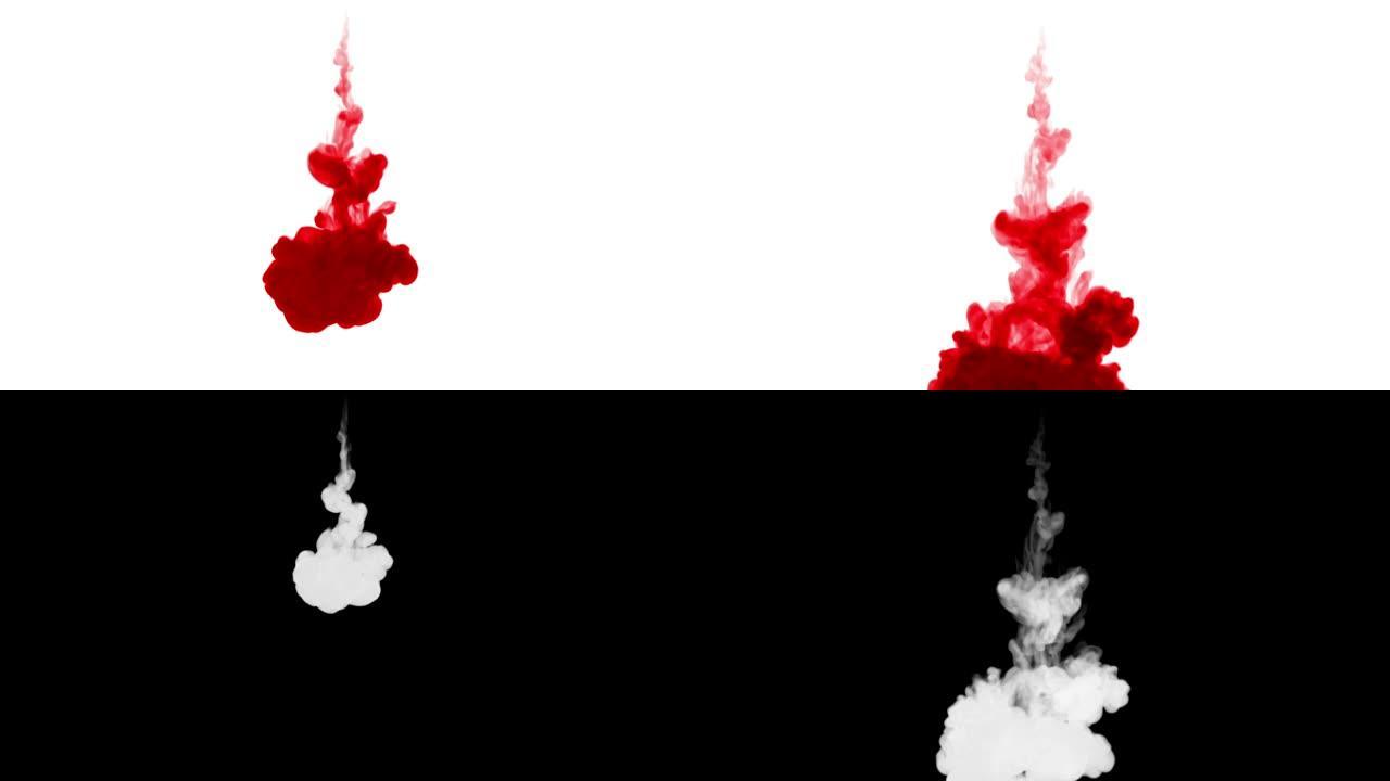 红色墨水溶解在白色背景的水中，亮度哑光。计算机模拟的3d渲染。墨水注入水中。1