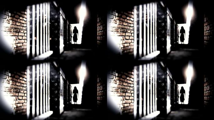 女人在监狱里的剪影和一个囚犯在牢房里