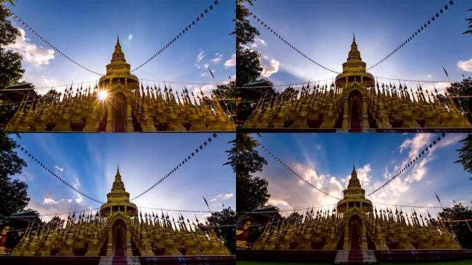 夕阳和云移动在Wat Pasawangboon宝塔，泰国萨拉布里。