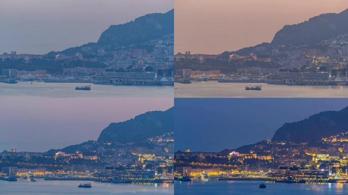 蒙特卡洛的城市景观日夜时光倒流，摩纳哥夏季日落后