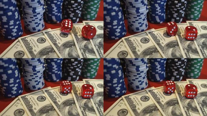 红色骰子落在金钱上，赌徒在赌场玩游戏，沉迷于赌博