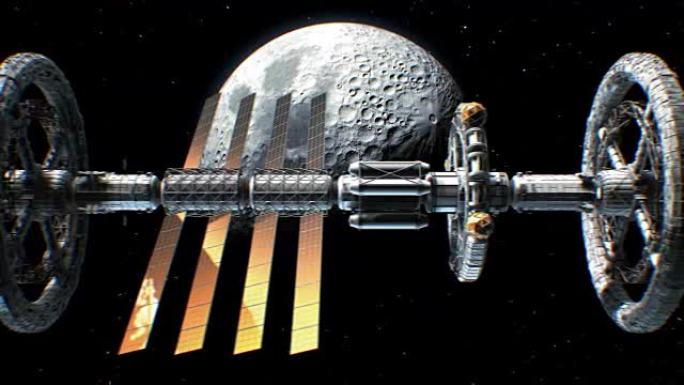 月球背景上的科幻星际飞船