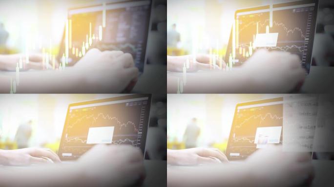 WS视频4k: 显示业务统计数据的财务图表的双重曝光。