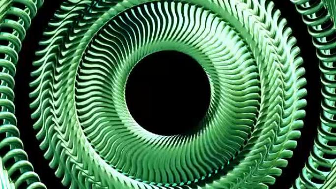 流体移动旋转绿色金属链眼圈无缝循环动画3d运动图形背景新质量工业技术建筑未来酷快乐视频片段