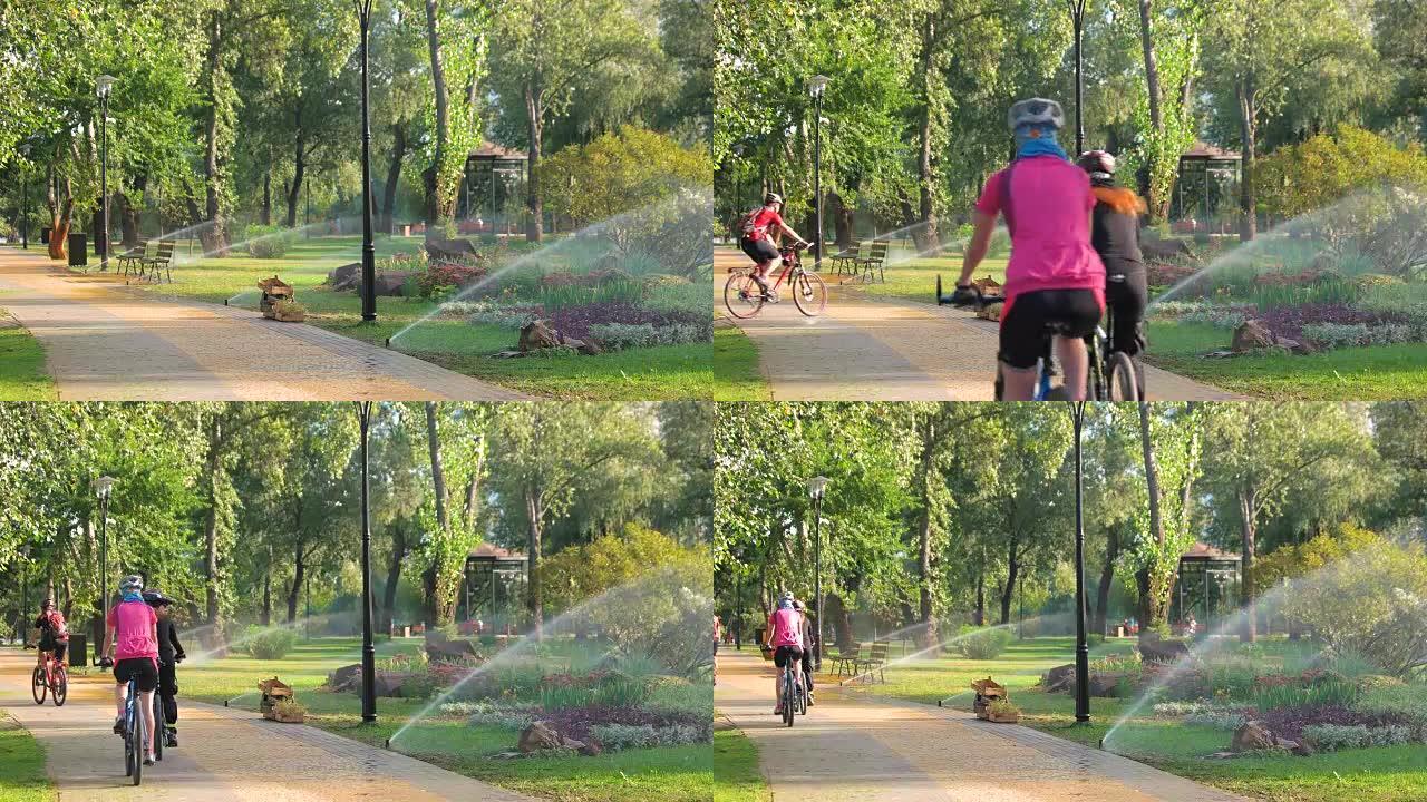 在公园里骑自行车。