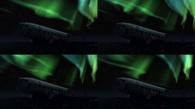北极光在冰岛dc-3飞机残骸上的冬夜时光倒流