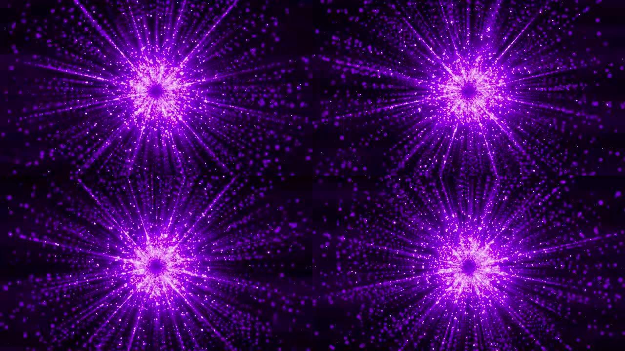 抽象粒子聚集在虚拟空间的中心。粒子的明亮光线隧道。循环