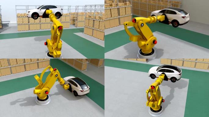 物流中心搭载白色SUV的黄色重量级机械臂