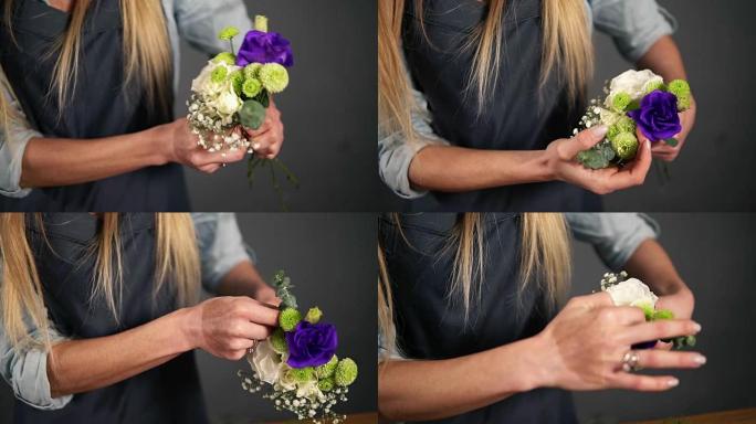 专业金发女花卉艺术家在花店布置美丽花束的慢镜头。花艺、手工制作和小型企业概念