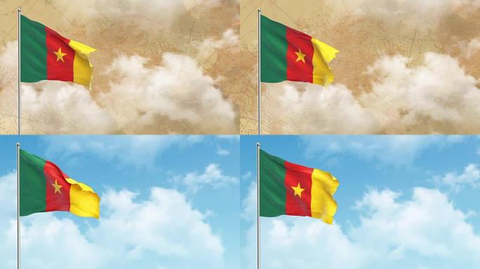 历史背景上的喀麦隆3D国旗，然后是蓝天背景