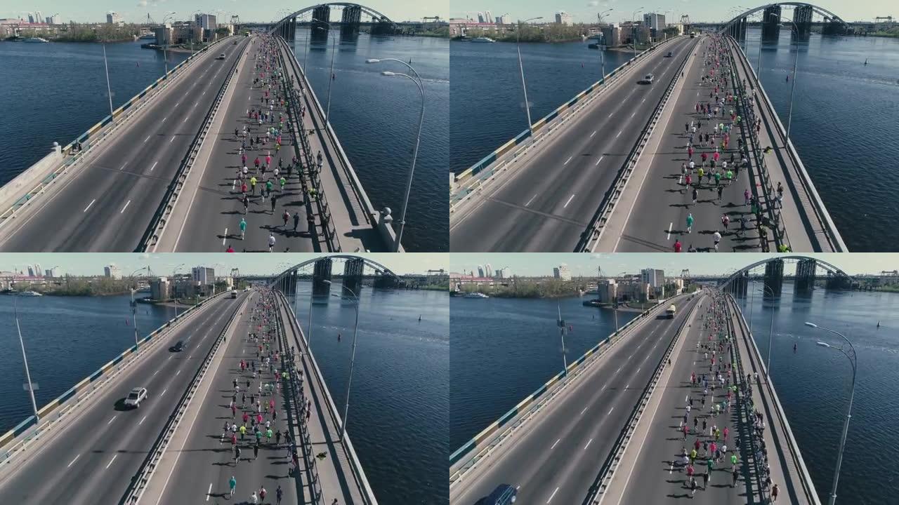 4k空中无人机搁脚。在桥上跑马拉松。