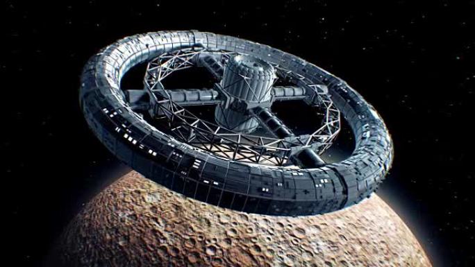 水星背景上的巨型科幻圆环