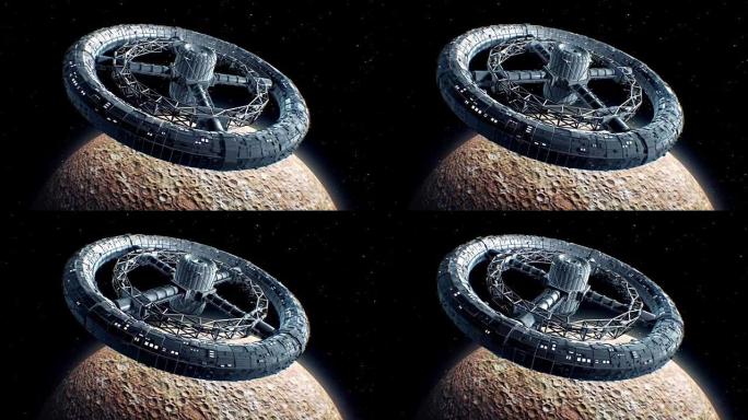 水星背景上的巨型科幻圆环