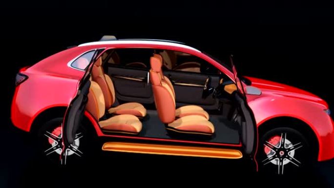 金属红色电动SUV的3D渲染动画