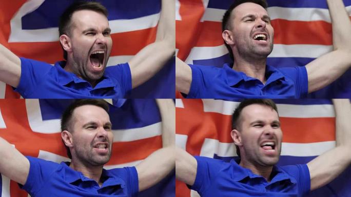 冰岛球迷在慢动作中举着冰岛国旗庆祝，4k，高品质